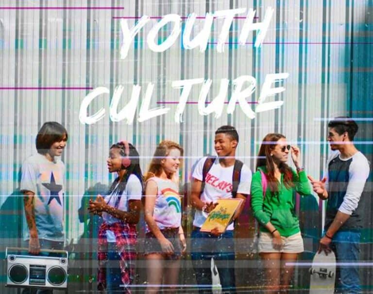 Diverse teenagers with skateboards under Youth Culture sign