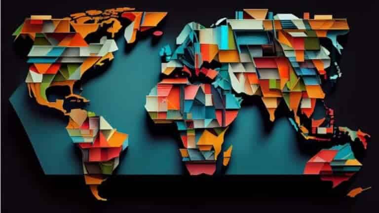 Colorful geometric world map illustration on dark background