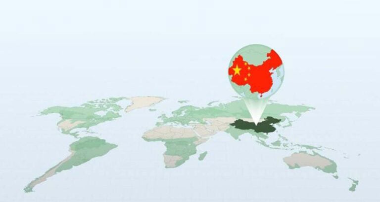 World map highlighting China with location pin and flag