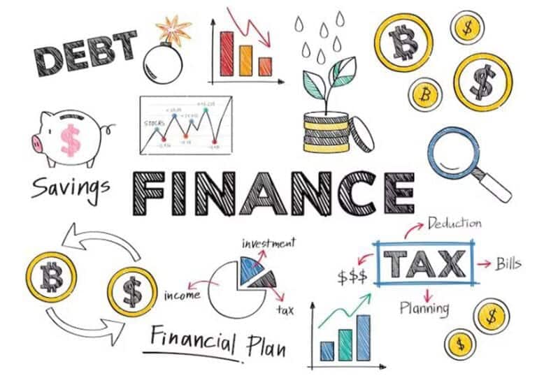 Finance doodles with savings, tax, debt, investments