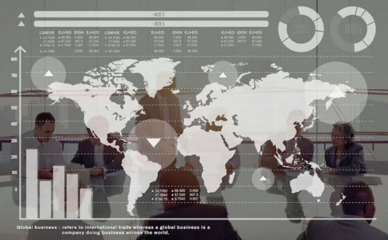 Business meeting with global map and data charts overlay