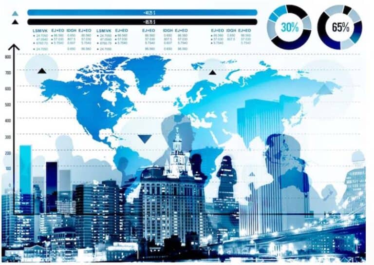 Global business analytics infographic over city skyline