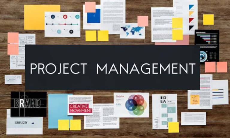 Project management board with charts and sticky notes