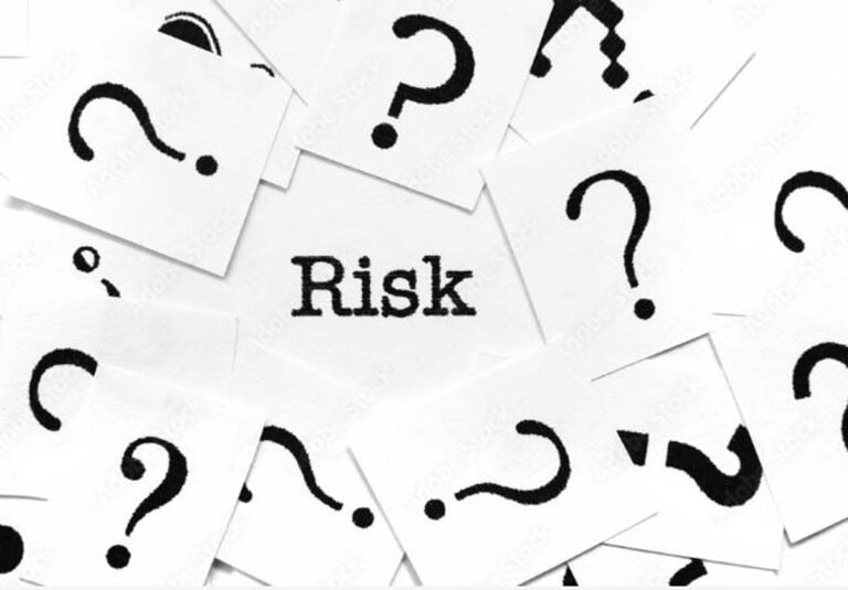 Word Risk surrounded by scattered question marks