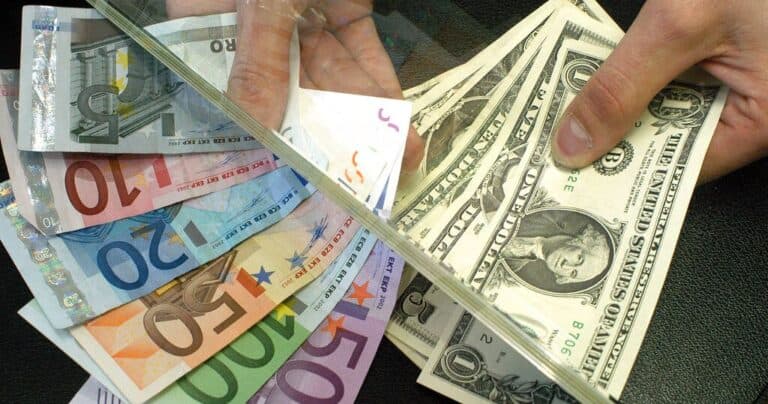 Hands holding US dollars and Euro banknotes