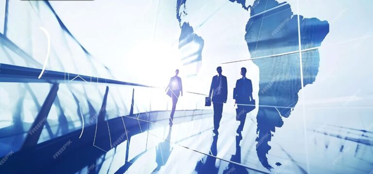 Silhouetted business professionals walking with world map overlay