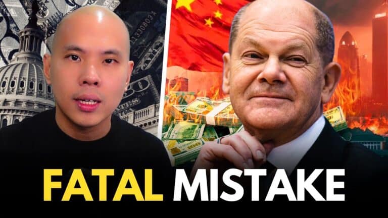 Split image of two men, China flag, money, flames