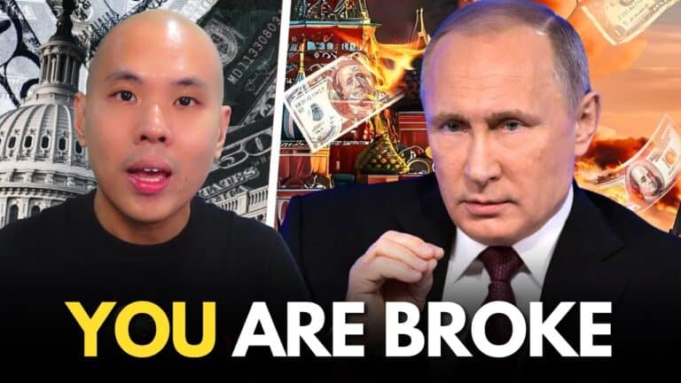 Man speaking beside politician with burning money background