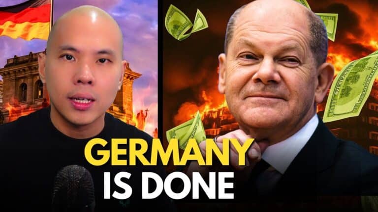 Two men, burning background, German flag, money, text