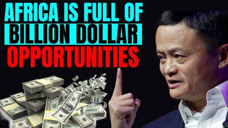 Businessman pointing beside stacks of cash and bold text