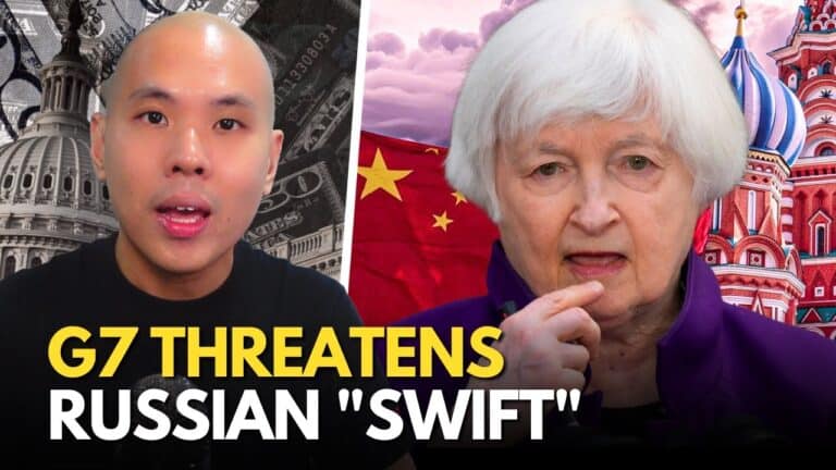 Split-screen political thumbnail about G7 and Russian SWIFT