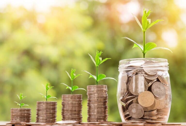 Growing plants on coin stacks and savings jar