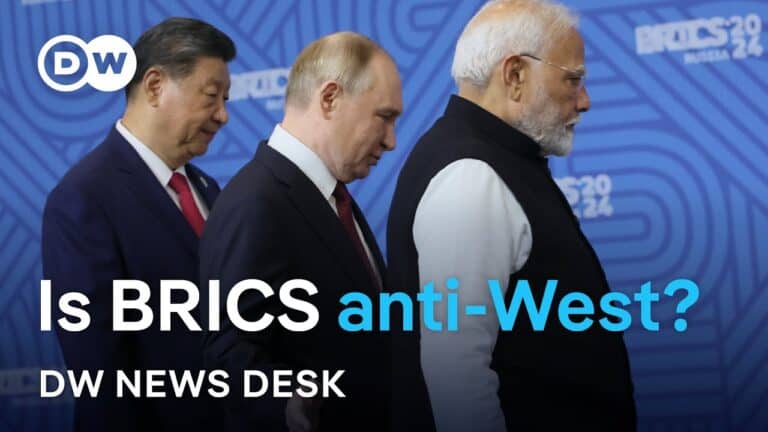 Three leaders at BRICS summit with headline text