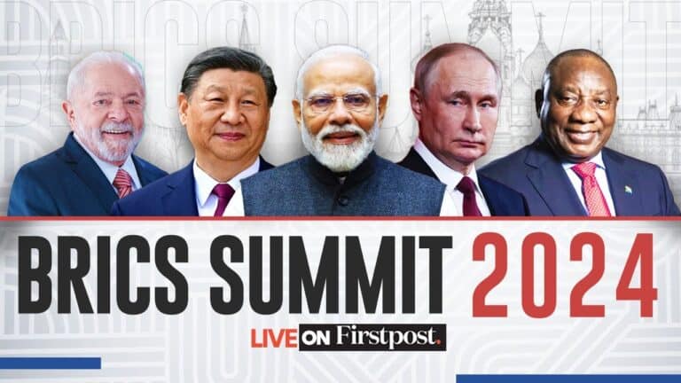 Banner showing five leaders for BRICS Summit 2024.