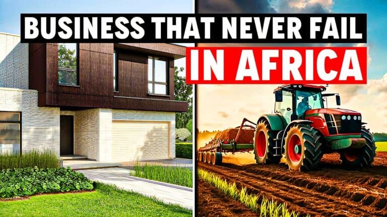 Modern house and tractor with Africa business text