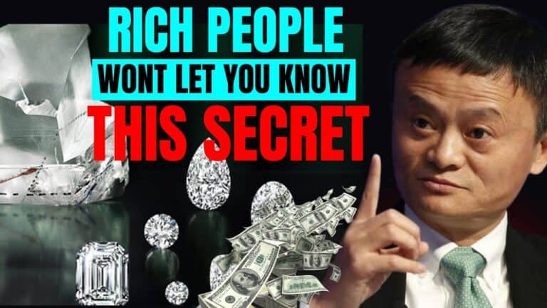 Businessman pointing beside diamonds, cash, bold secret headline