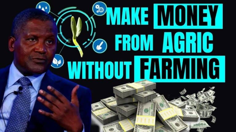 Man with stacks of cash and agriculture text