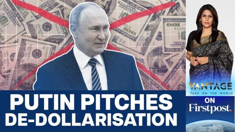 Political leader with crossed dollar bills, de-dollarization headline