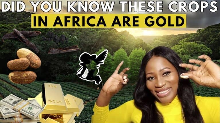 Woman promoting profitable African crops with gold imagery
