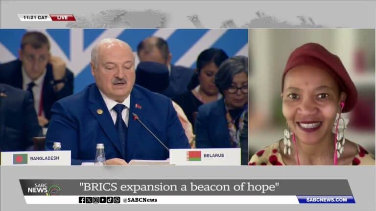 Split-screen news interview about BRICS expansion summit