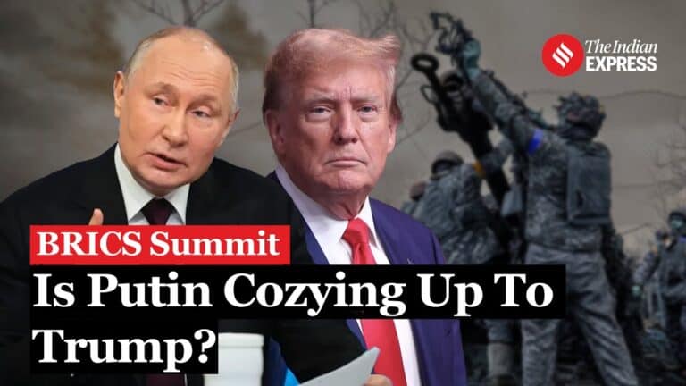 Two political leaders with BRICS Summit headline graphic