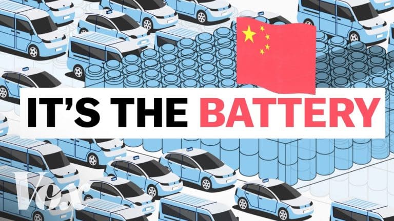 Electric cars, batteries, and Chinese flag illustration