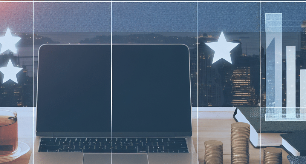 Laptop with financial charts and stacked coins on desk
