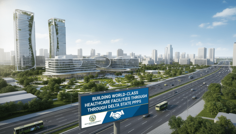 Futuristic hospital complex beside highway with PPP billboard