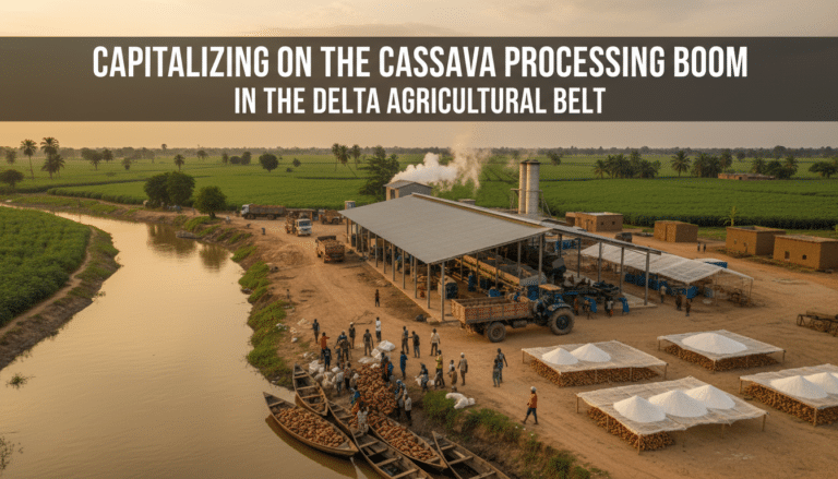 Cassava processing plant beside river in delta farmland