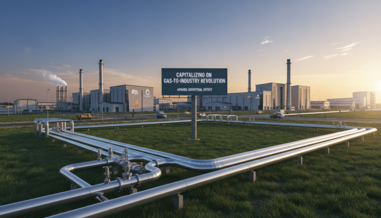 Gas pipelines at industrial estate with factory buildings