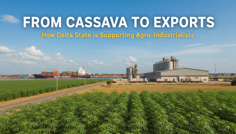 Cassava fields, factory, and cargo ship for exports