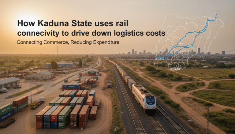 Freight train and containers with Nigeria rail map overlay