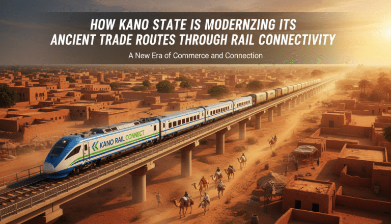 Modern train over desert city with camels