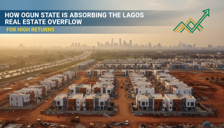 Aerial view of new housing estate near Lagos skyline