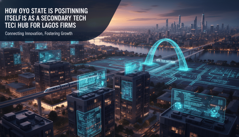 Futuristic cityscape promoting Oyo as Lagos tech hub