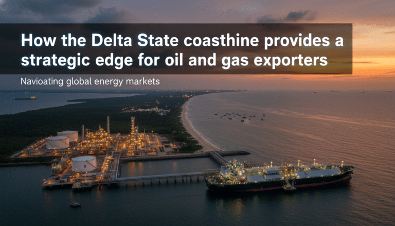 Oil refinery and tanker at Delta coastline sunset
