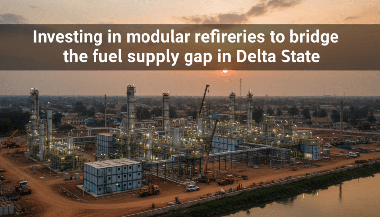 Modular oil refinery complex at sunset