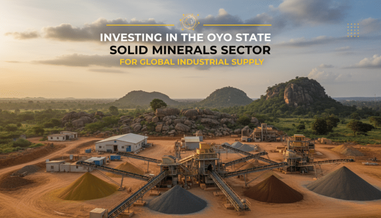 Mining facility with mineral piles and rocky hills