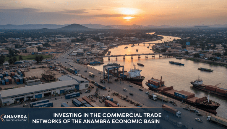 Aerial view of river port at sunset