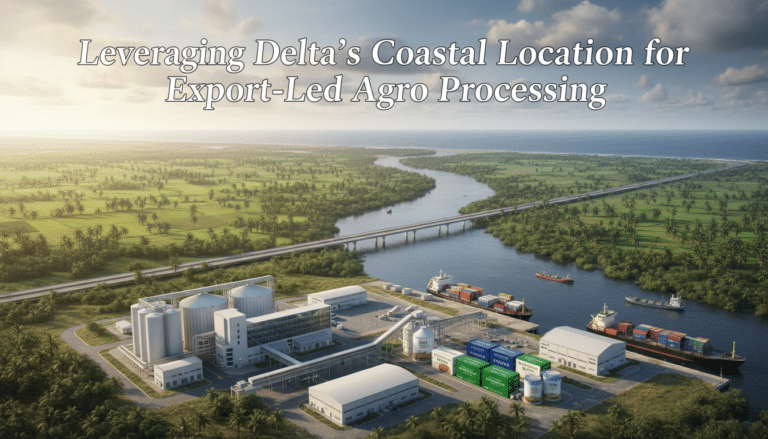 Coastal agro-processing plant beside river and cargo ships