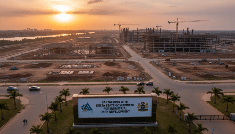 Industrial park construction site at sunset with cranes