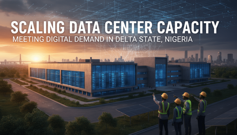 Modern data center facility with workers at sunset