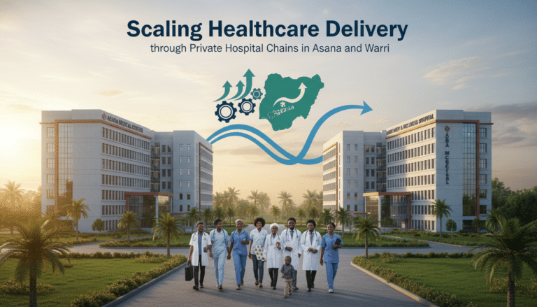 Doctors walking between modern private hospital buildings