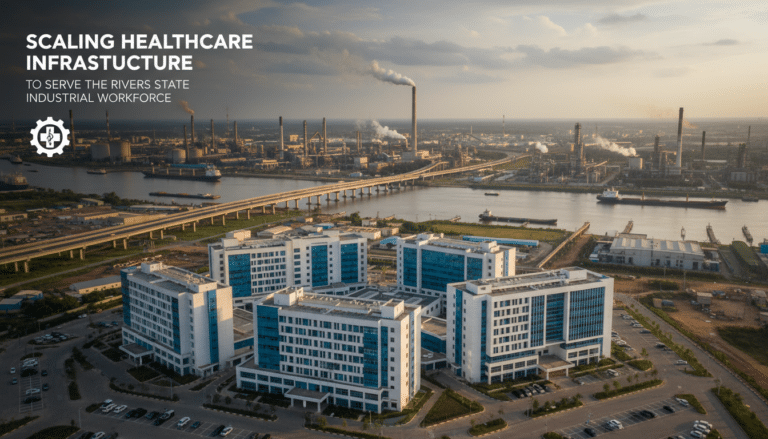 Modern hospital complex near industrial riverfront and bridge