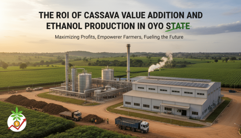 Ethanol production plant amid green farmland at sunset