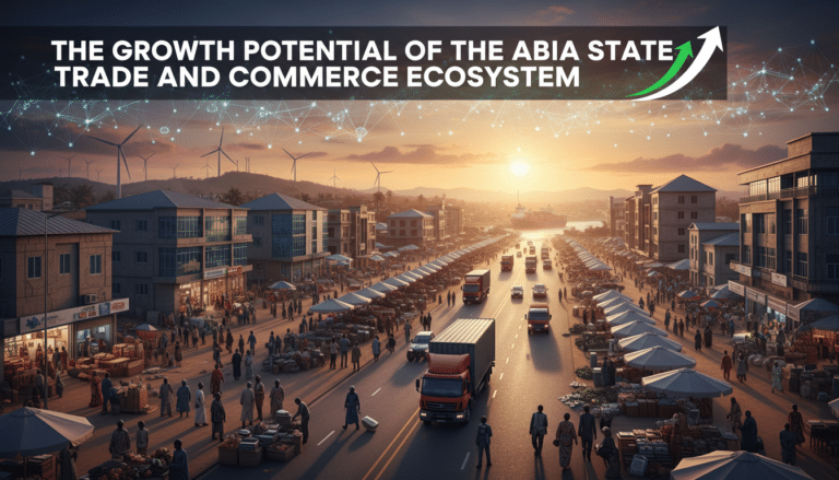 Abia State trade growth over busy market cityscape