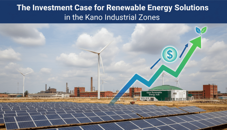 Solar panels and wind turbines with growth arrow