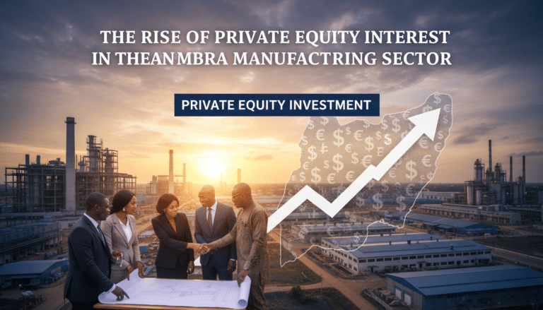 Businesspeople shaking hands at industrial site with rising graph