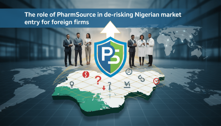 PharmSource shield over Nigeria map with business professionals