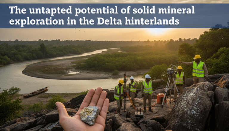 Workers conducting mineral exploration overlooking river delta at sunset